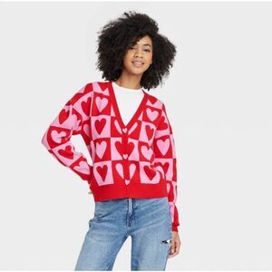 Target Women’s Heart Postage Stamp Graphic Cardigan Red/Pink Size L